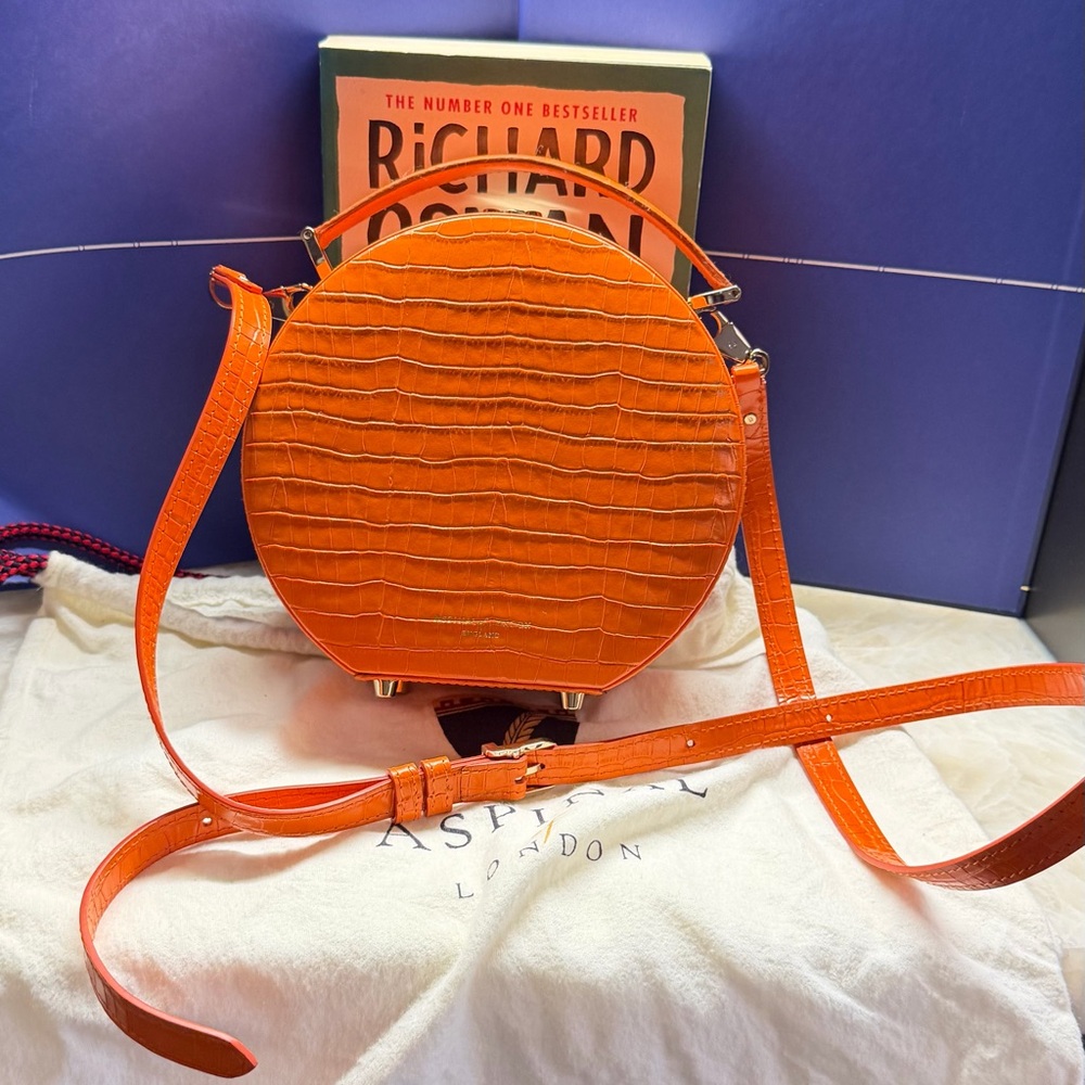 Aspinal of London Orange Croc-Embossed Round Crossbody Bag